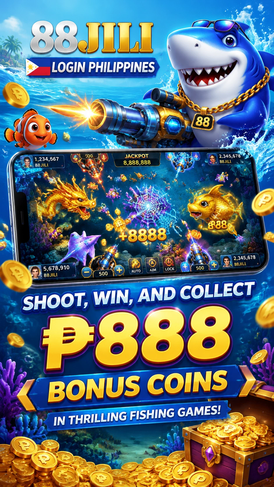 Fishing game room with colorful targets and mobile-friendly layout