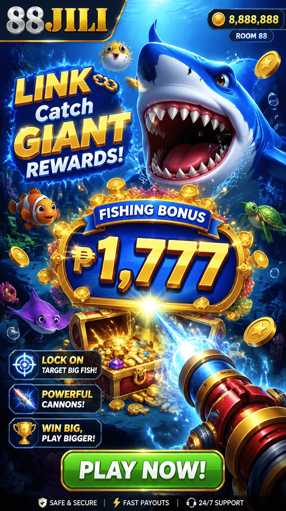 Fishing game scene with boss fish and bright arcade effects